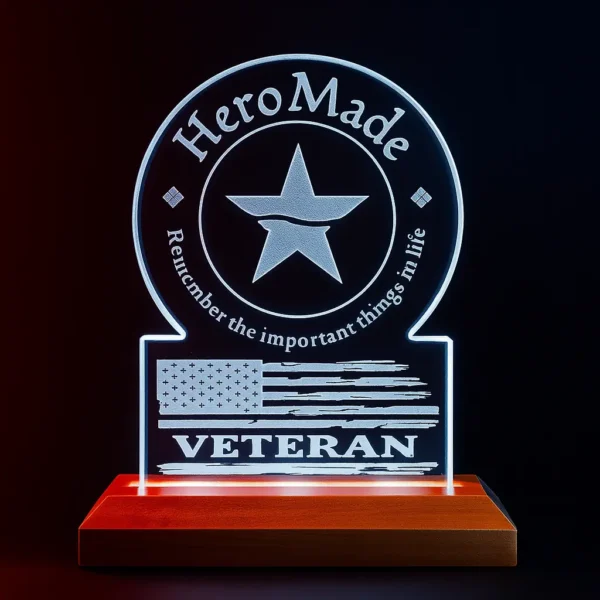 HeroMade illuminated acrylic Veteran tribute plaque with American flag design.