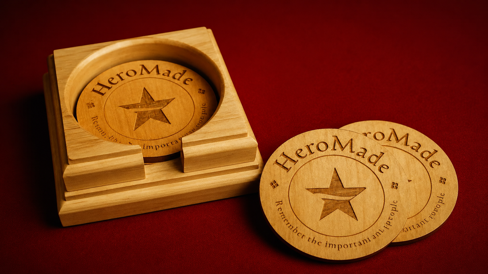 HeroMade custom engraved wooden coaster set with holder.
